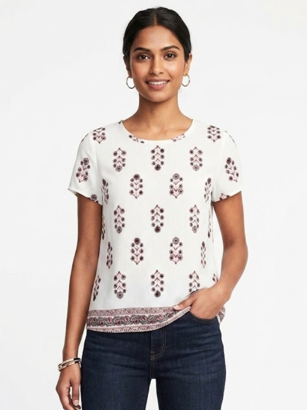 Madewell Womens Floral Print Blouse Short Sleeve Boxy Ivory Size Small 2/4